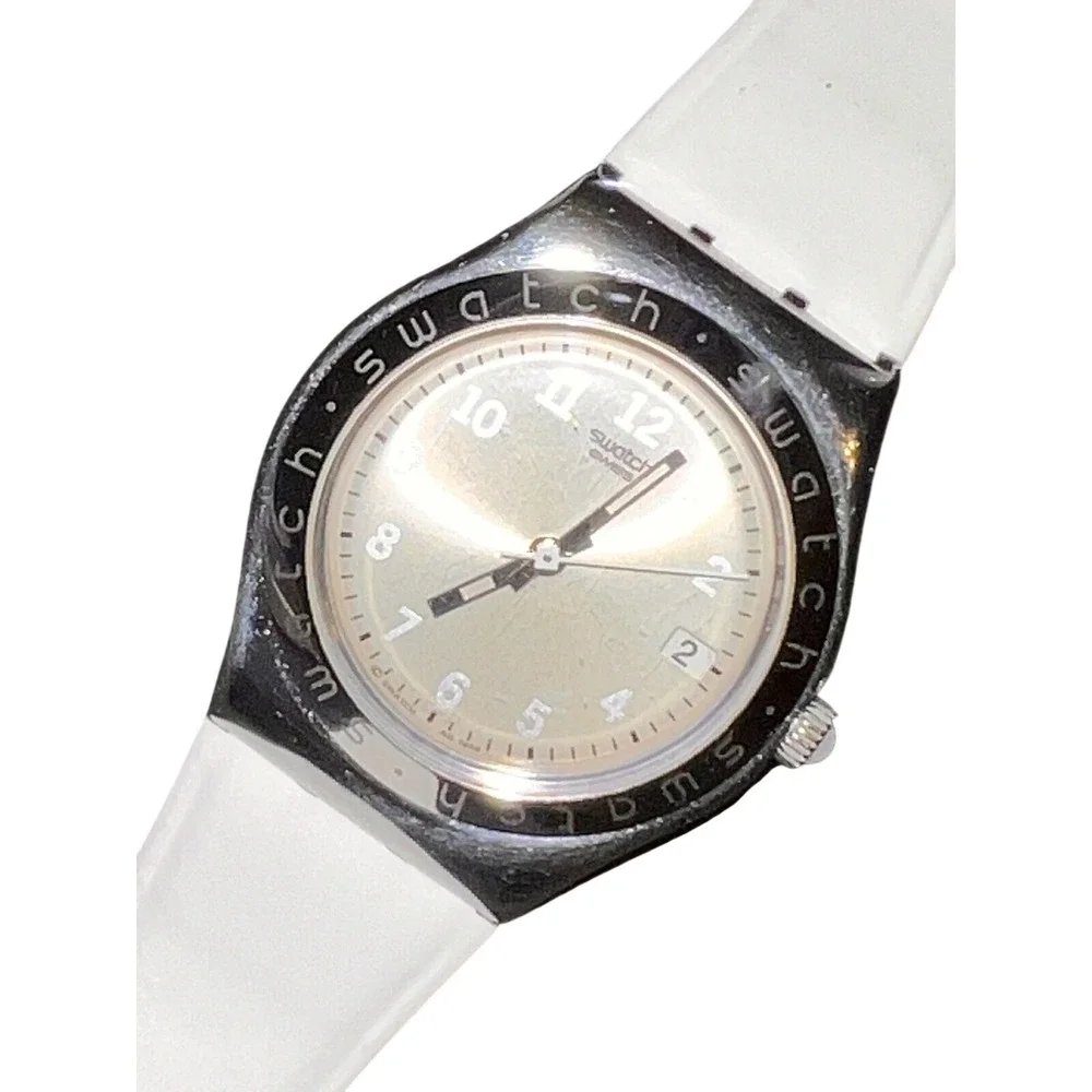 Swatch‎ Irony Stainless Steel Watch White Leather Strap Silver Dial Swiss Made